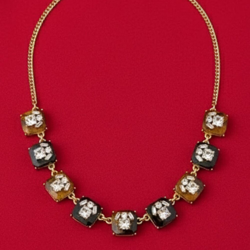 J Crew Gold Tortoise Shell Crystal Statement Necklace Womens Square Settings